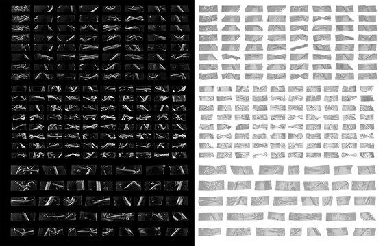 Clear adhesive tape strips collection, transparent scotch tape pieces with wrinkled texture. High resolution photographic isolated overlays for collage, scrapbooking, branding, digital art and graphic