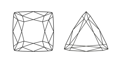 Trillion, Cushion diamond cut shapes. Diamond pad shape. Cushion, Trillion brilliant triangular cuts. Set of Gemstone outline triangle, square icons for jewellery design, branding, packaging, logos. © Hanna