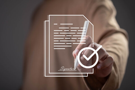 Digital contract signing and document approval concept with electronic signature verification. Business agreement, legal compliance, authorization process, paperwork management, secure documentation.