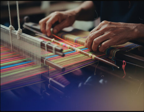 Thai weaving loom neon thread hand textile craft artisan close up traditional weathered hands guide colorful neon thread across wooden loom, showing cultural textile craft, fabric pattern