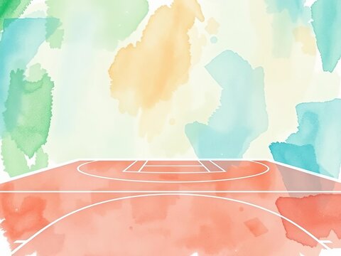Watercolor depiction of a basketball court with subtle shading and texture, courtside, subtle shading