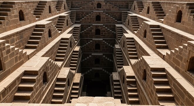 Intricate geometric patterns of an ancient stepped well create a mesmerizing architectural perspective.