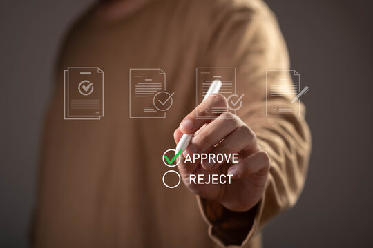 Business professional approving digital documents with an electronic signature interface, representing workflow management, document verification, compliance, authorization, and paperless business.
