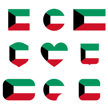 Kuwait Flag Icons - Circle, Heart, Shield, Square Shapes - Vector Set