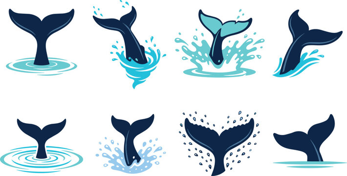 Whale Tail Splash Vector Illustration Set with Ocean Water Waves and Marine Icons