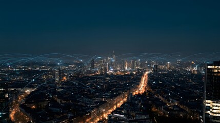 Naklejka premium A futuristic cityscape at night illuminated by glowing lights and digital network lines connecting buildings across the urban skyline