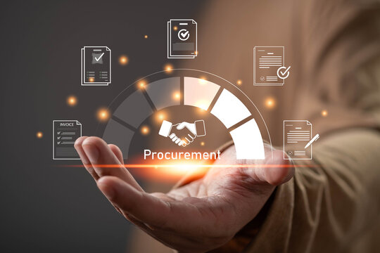 Close-up of a hand presenting a digital procurement workflow with contracts, invoices, and approvals, symbolizing supplier management, purchasing process, procurement strategy, and business operations