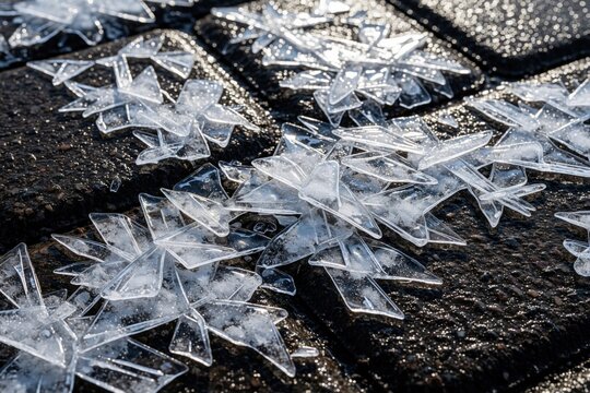 Ice shards form star shapes on dark pavement after freezing rain. Transparent ice crystals glitter on the wet surface, showing winter frost and cold patterns.