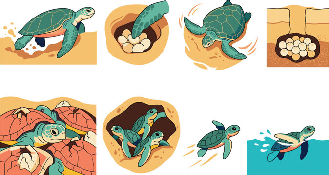 Sea Turtle Nesting Hatching and Journey to Ocean Educational Illustration Set