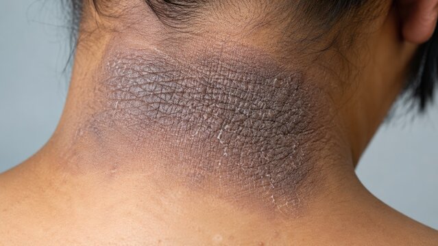 Close-up of dark patchy dry skin texture on the back of the neck showing skin discoloration and roughness