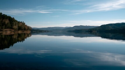 Fototapeta premium A calm lake mirrors a clear sky and forested hills under soft daylight creating serene natural scenery