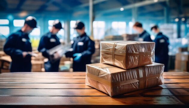 several large rectangular packages wrapped in clear plastic and brown tape are stacked on a wooden table with blurred police officers in the background suggesting a confiscation