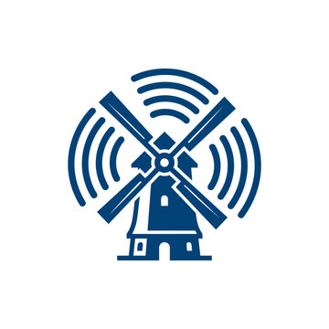 A blue icon of a windmill with signal waves around it