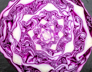 Obraz premium Macro cross section of a purple cabbage showing brain like geometric patterns on a dark stone surface.