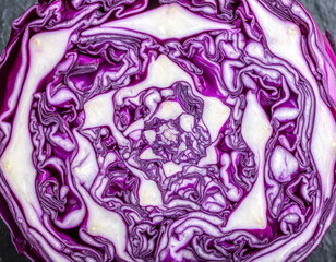 Obraz premium Macro cross section of a purple cabbage showing brain like geometric patterns on a dark stone surface.