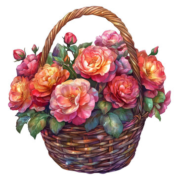 Begonia Basket watercolor painterly illustration, semi-realistic fantasy design, magical atmosphere, white background