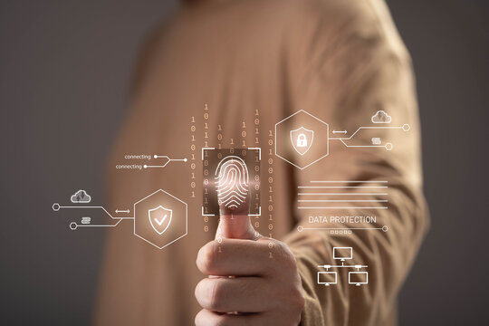 Fingerprint biometric verification with data protection interface and cybersecurity icons, representing secure authentication, identity management, privacy protection, cloud security, digital trust.