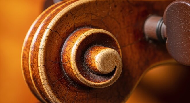 Close-up of a weathered, antique violin scroll with intricate details and warm tones