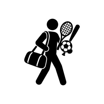 Man walking with sports bag racket and ball icon