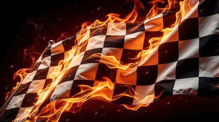 Obraz premium Checkered racing flag engulfed in flames. Dynamic motion and abstract design convey speed and competition. Burning fabric creates dramatic effect for sports or victory themes.