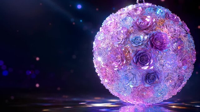 Glowing rose disco ball on a reflective floor