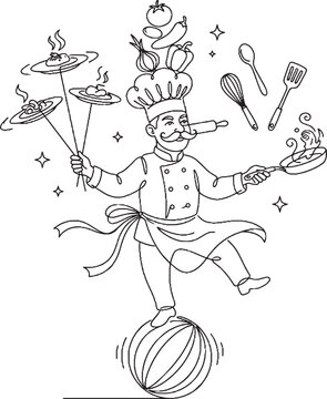 A funny circus clown balancing on a large ball and juggling various objects in a playful performance isolated on transparent background, Vector