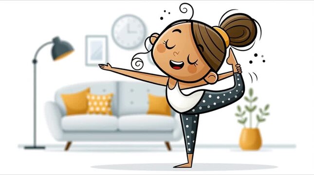 Cute cartoon girl in yoga pose, in the living room flat design illustration