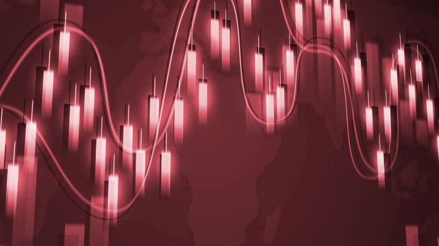 Abstract financial chart with candlesticks and line graphs over a dark world map animation