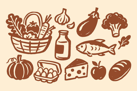 Food and Grocery Hand Drawn Vector Set Illustration