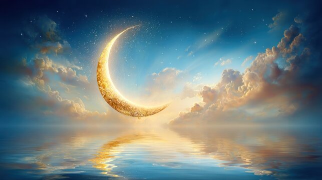 Glowing crescent moon over tranquil ocean horizon with golden reflections and soft clouds