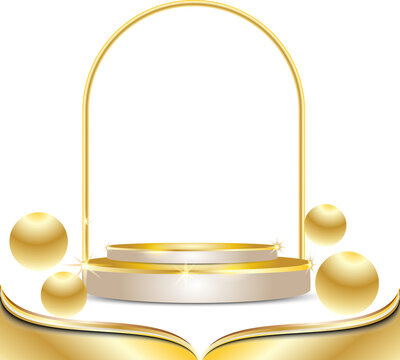 The product display stand design features a luxurious gold geometric circular shape with a transparent background.