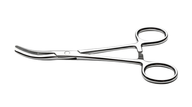 Surgical hemostat forceps with curved tip, stainless steel medical artery clamp, professional surgical instrument for clinical procedures isolated PNG with Transparent Background