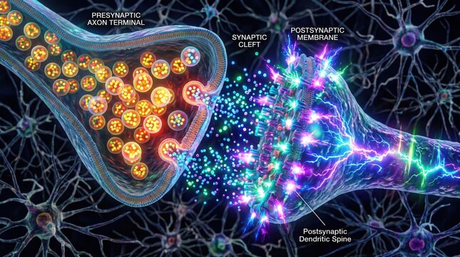 A detailed 3D rendering of a neural synapse showing neurotransmitter release between brain cells.