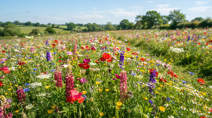 Obraz premium Colorful wildflower meadow with bright blooms under a sunny sky