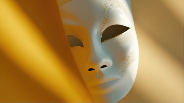 Mask with half golden light and half soft video game character, abstract portrait of a face