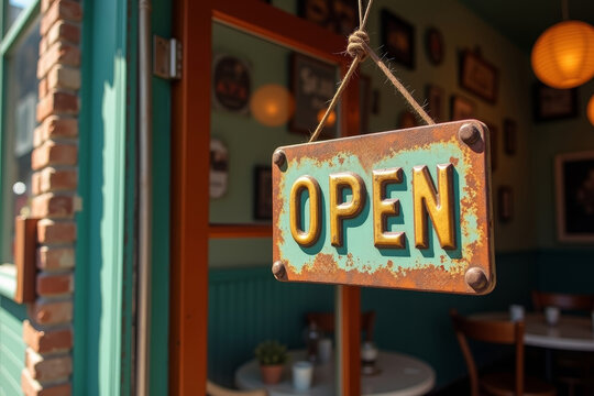 Metal open sign hanging on glass door of cafe. Rusty vintage signboard welcoming customer into business. Small shop interior background. Entrance decor for restaurant and boutique.