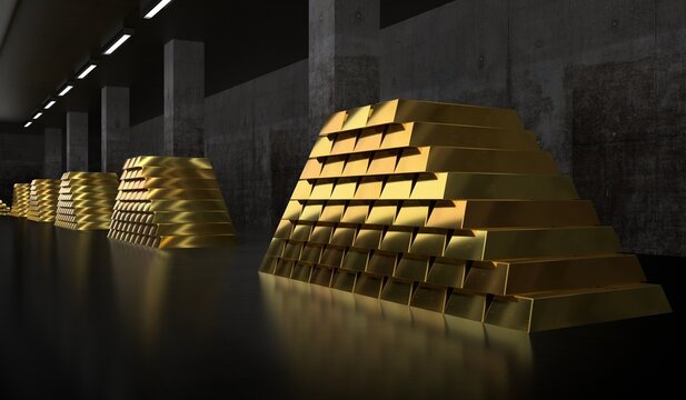 Gold Vault Interior with Pyramids of Gold - 3d illustration