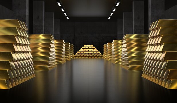 Stacks of Gold Bars inside Bank Vault - 3d illustration