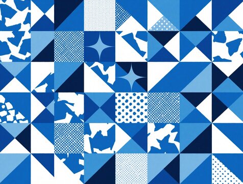 Blue white geometric pattern with squares, triangles. Abstract art background with mosaic style shapes, decorative textures. Modern digital graphic design with colourful hues. Bold energetic