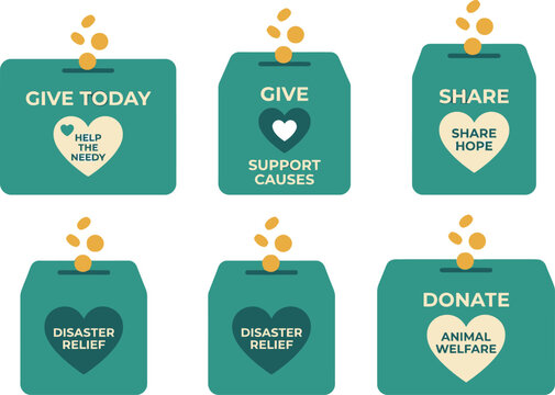 A collection of charitable donation boxes featuring heart symbols and text to inspire public generosity for various social causes, humanitarian missions, and animal welfare initiatives across