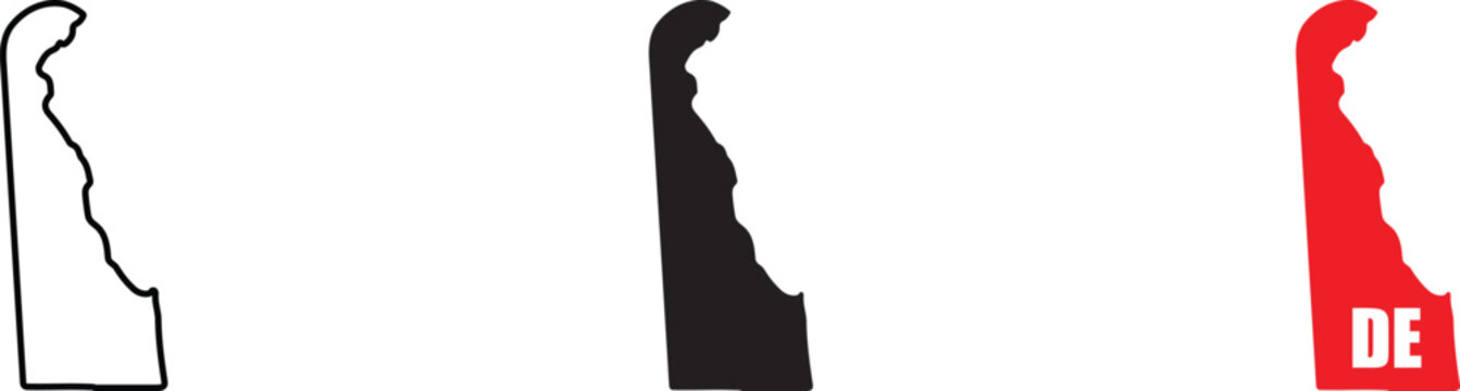 Three variations of the delaware state map outline, including a black line a solid black silhouette, and a red shape with the white abbreviation de text on a white background