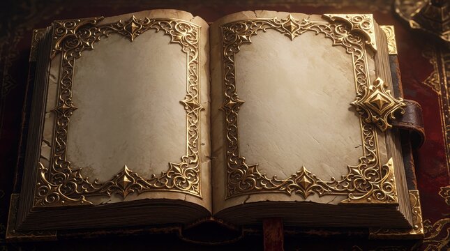 Open antique book with empty pages, gold ornate frame border. Vintage leather manuscript cover elegant gothic style decor. Classic medieval magic grimoire template features dark brown background