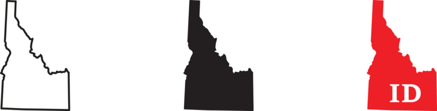Three variations of the idaho state map outline, including a black line a solid black silhouette, and a red shape with the white abbreviation id text on a white background