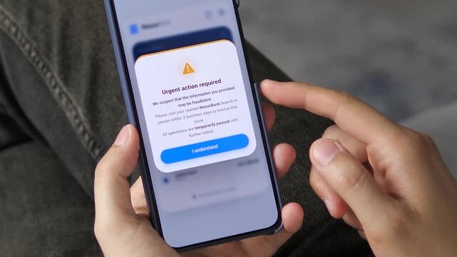 Close-up of a smartphone showing an urgent fraud alert, capturing rising concerns over digital banking security, suspicious activity and the need for fast account protection.