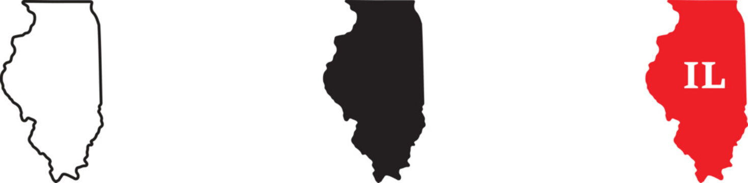 Three variations of the illinois state map outline, including a black line a solid black silhouette, and a red shape with the white abbreviation il text on a white background
