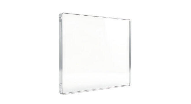 A clear square glass or acrylic block standing upright on a white surface, showing transparent edges and a clean, minimalist geometric shape