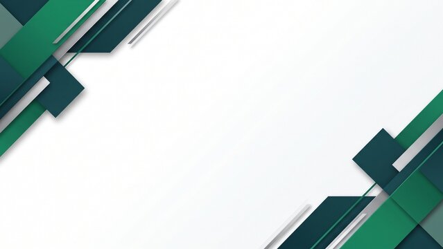 Minimal corporate background featuring split geometric corner blocks in emerald green and teal. Clean white layout with elegant negative space for business and professional designs.