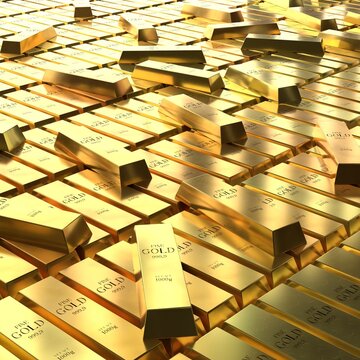 Square View of Golden Ingots Lying Randomly - 3d illustration