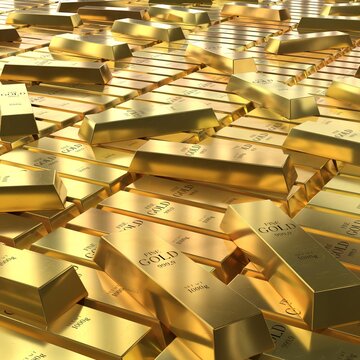 Square Image of Gold Bullion Scattered on Floor - 3d illustration