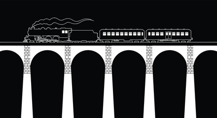 Steam locomotive train viaduct illustration, vintage railway bridge artwork, coal tender passenger cars vector drawing, transportation silhouette concept © Anonto